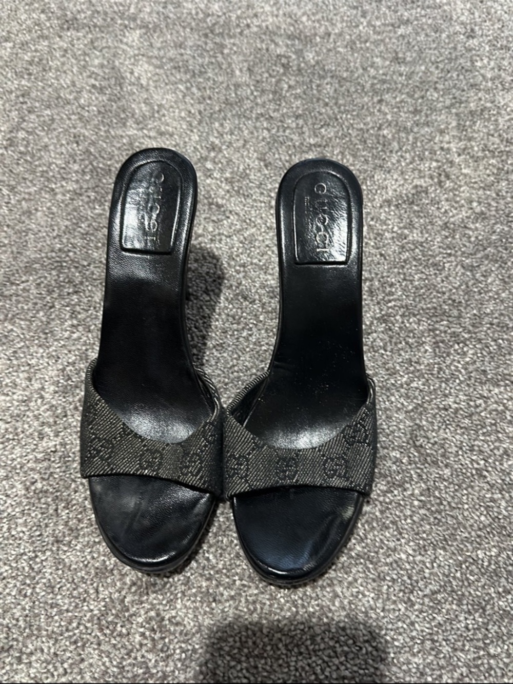 Black vintage Gucci monogram kitten heel mules